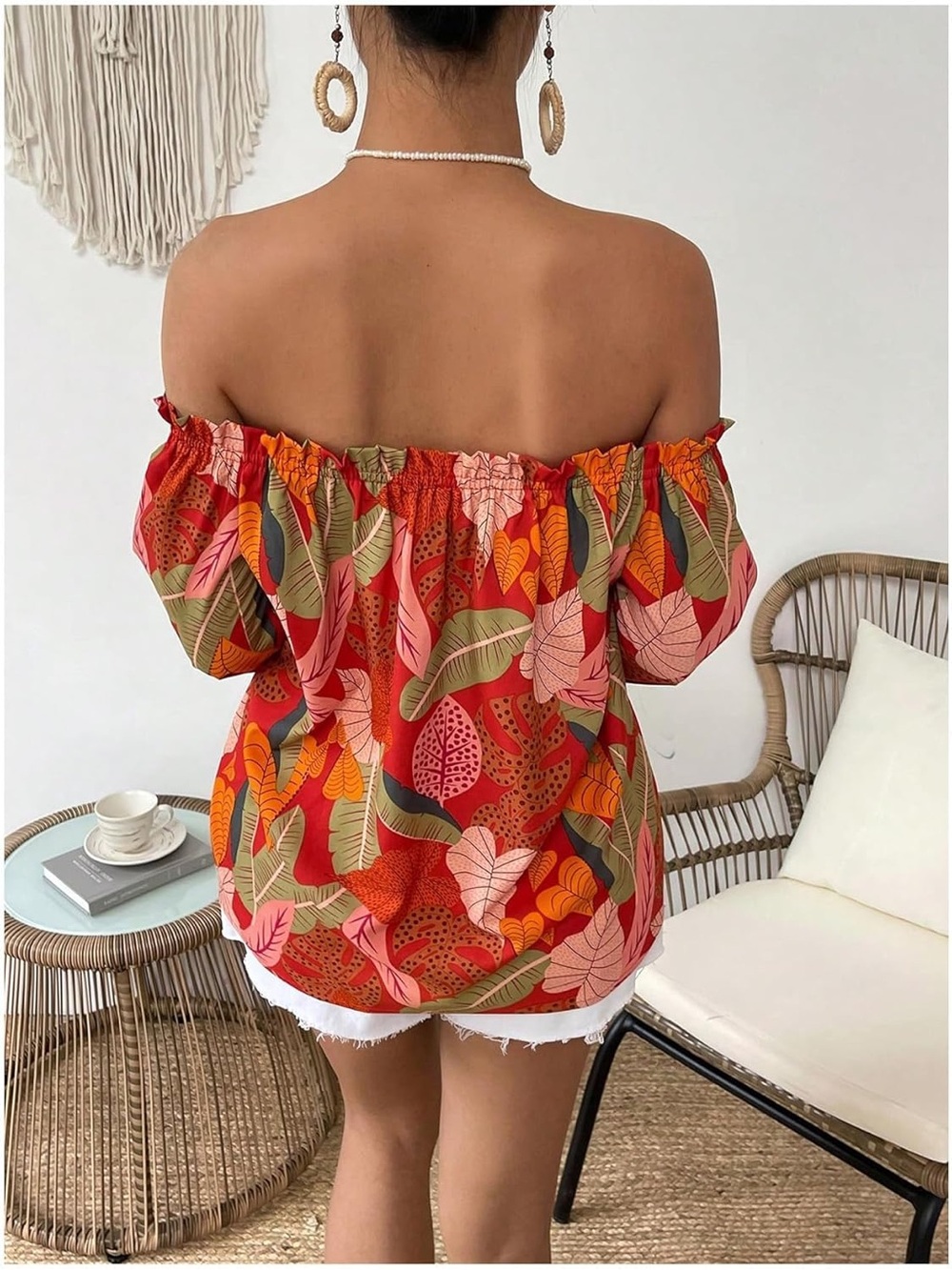 Off-Shoulder Red Tropical Print Women's Top - Picture 2 of 3